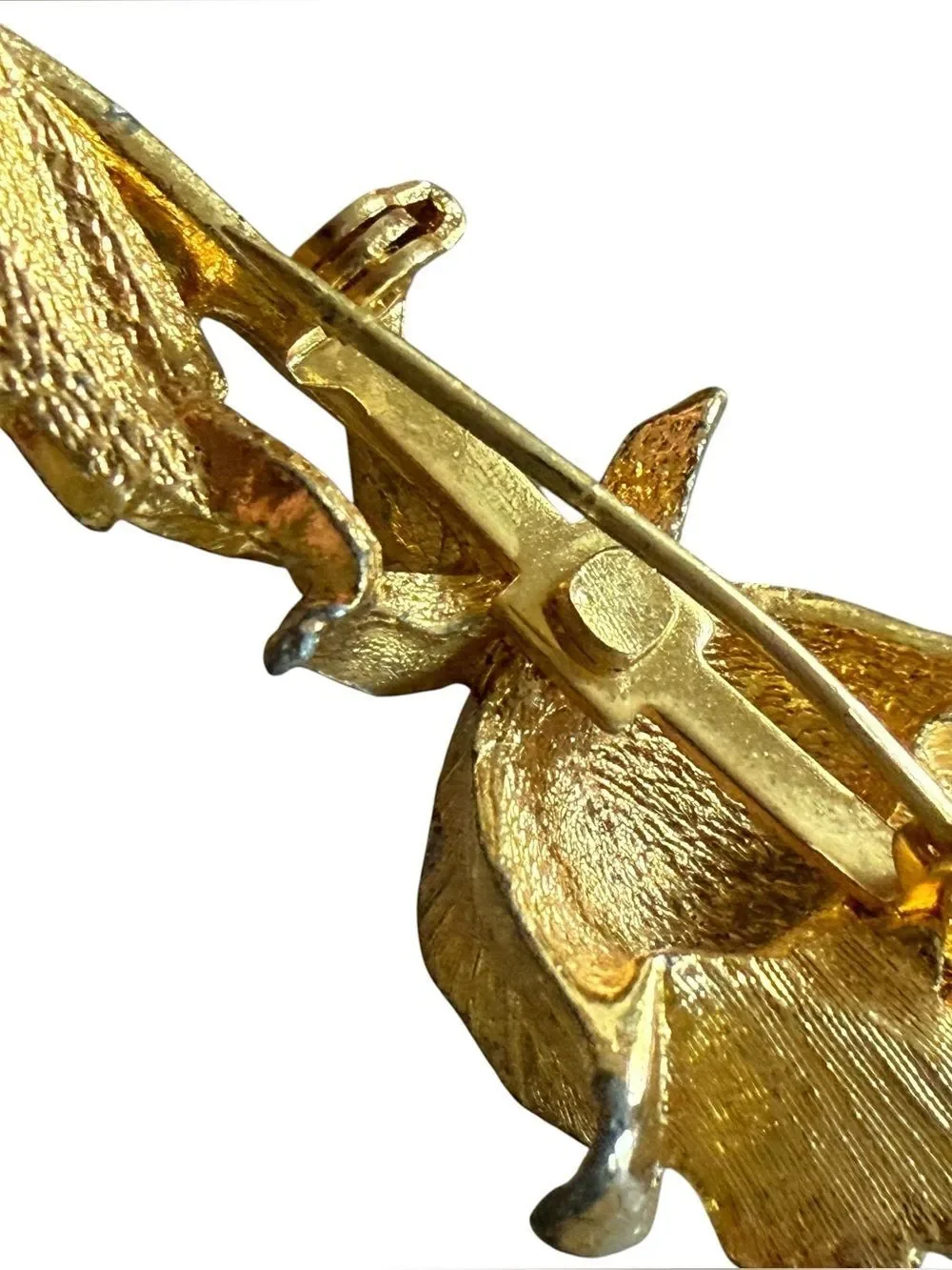 Vintage Gold Tone Long Stem Rose Brooch Pin With White Rhinestone Detail